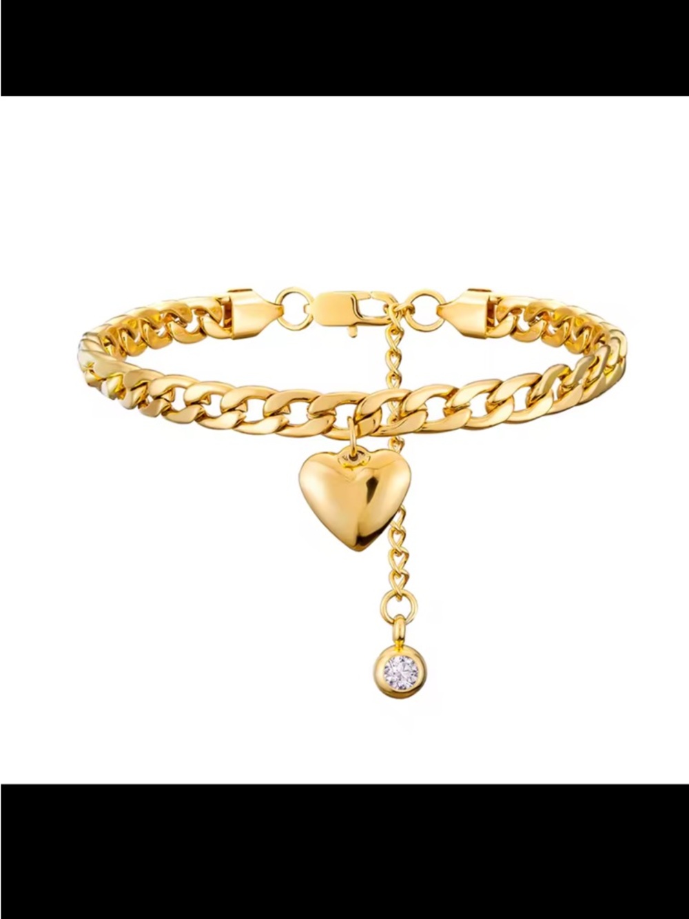 Gold Heart Charm Cuban Link Bracelet for Women